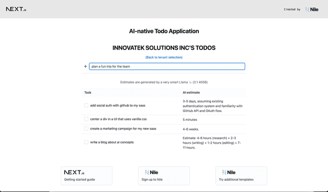 Multi-tenant AI-native todo list app with Nile