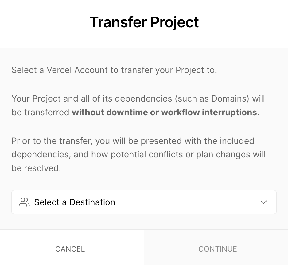 Choosing a team to transfer the project to.