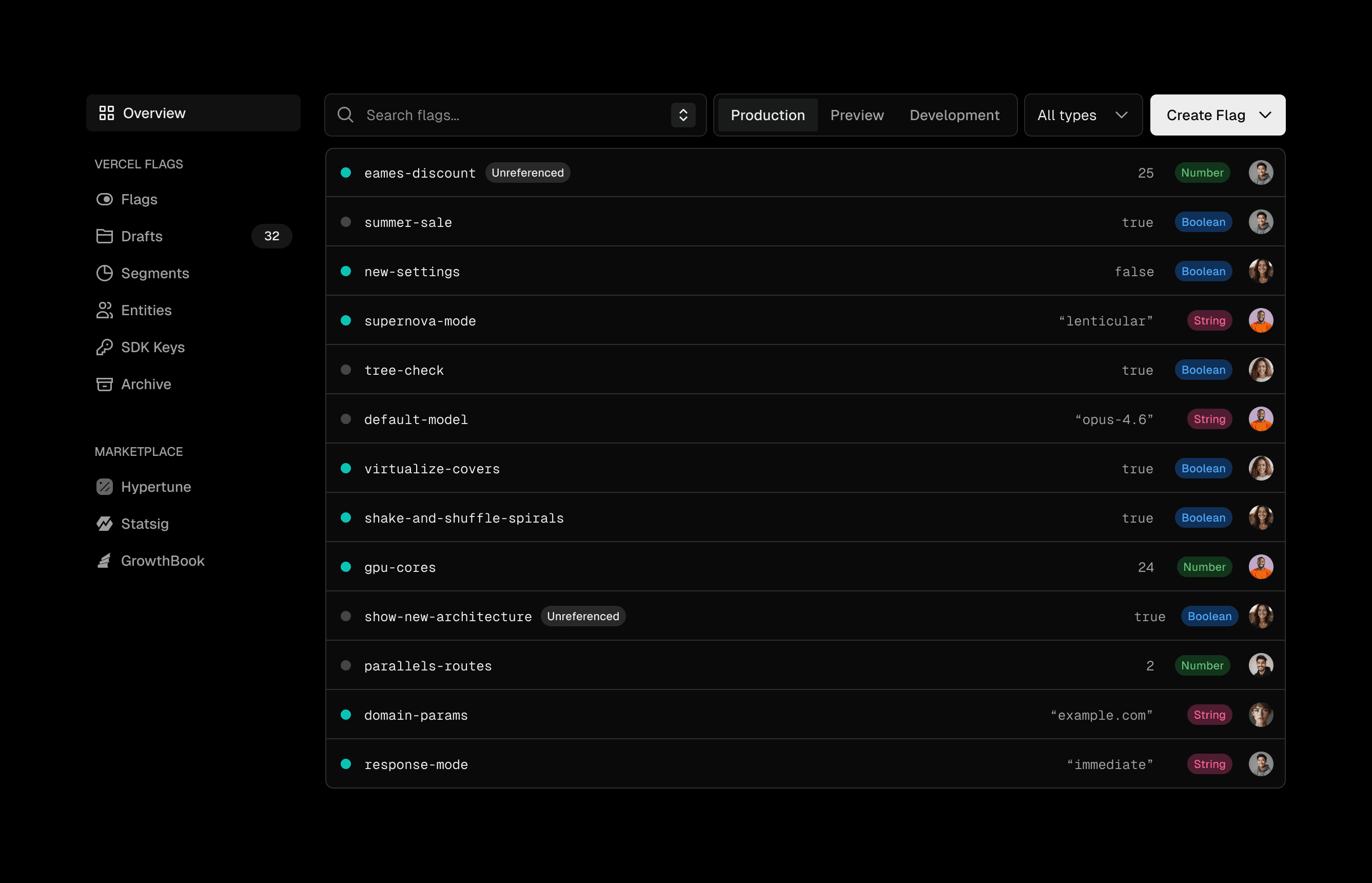 Flags in Vercel Dashboard