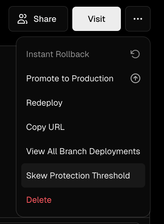 A screenshot of the popover menu containing a menu item for Skew Protection Threshold.