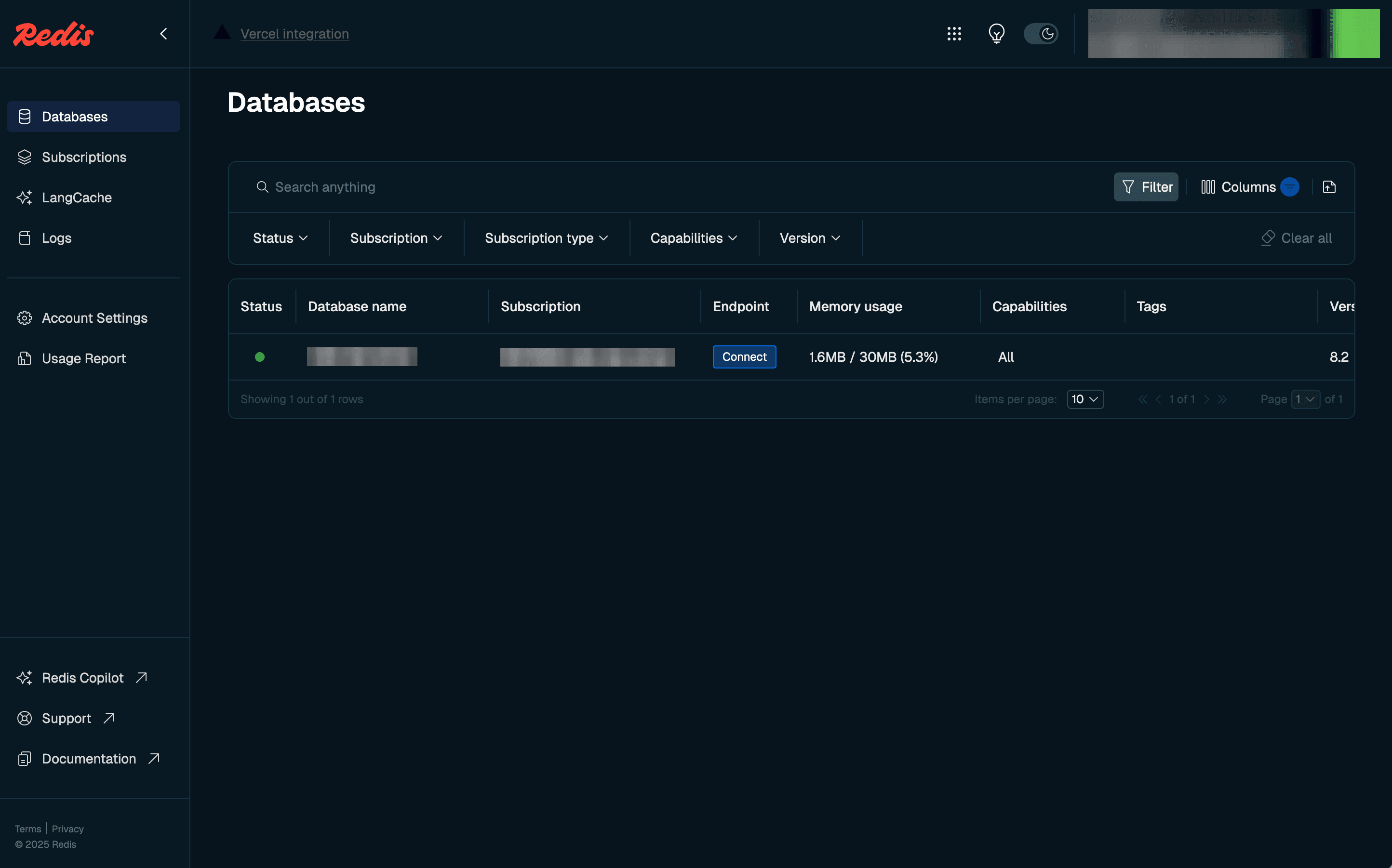 The database view from the Redis dashboard, showing a single database in the list.