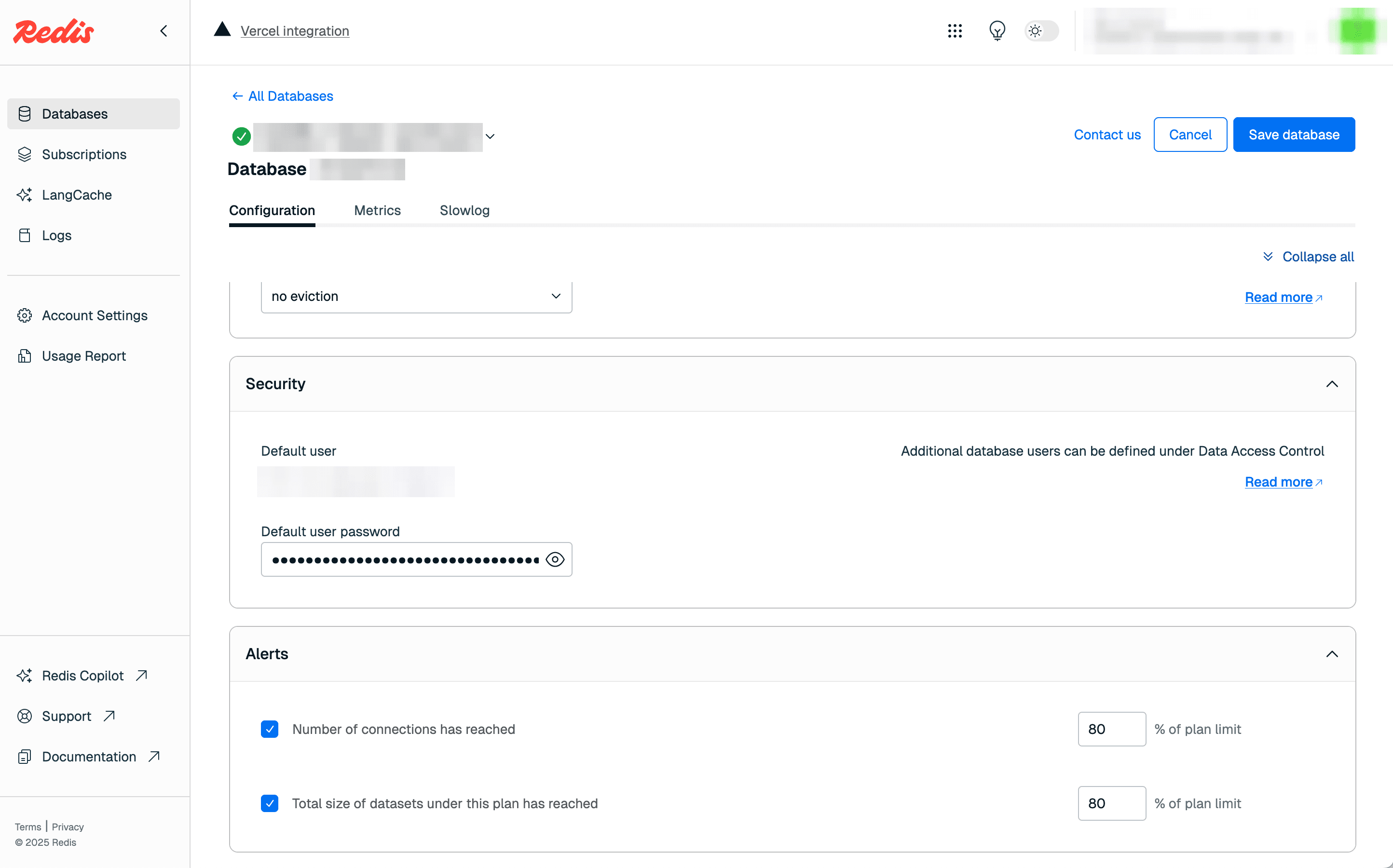 The security section for a Redis dashboard. The form is in Edit mode, allowing the password to be updated.