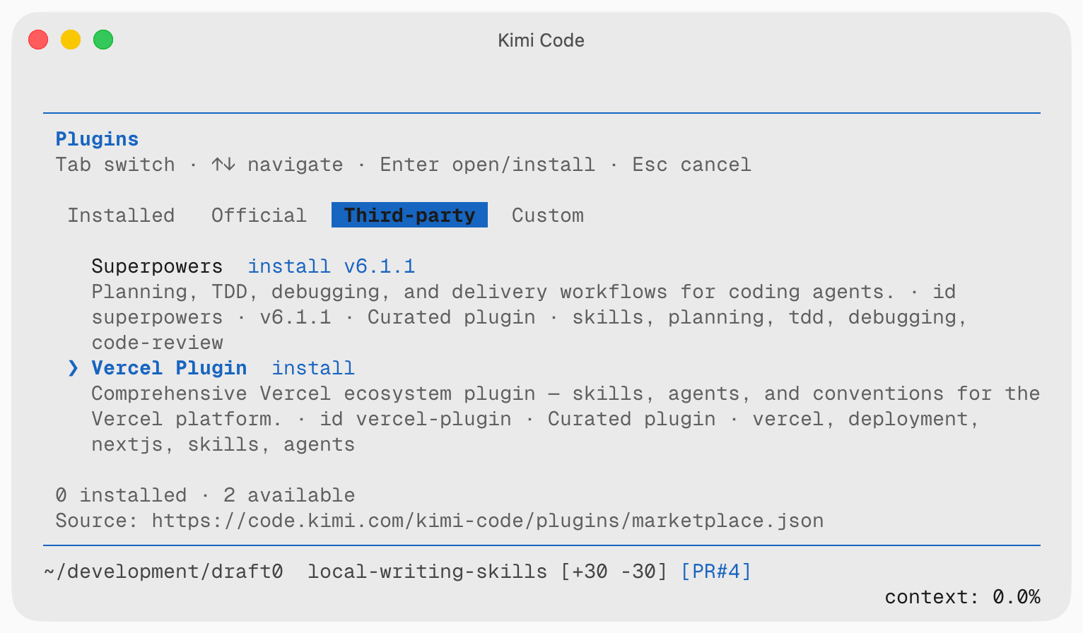 Vercel Plugin in Kimi Code