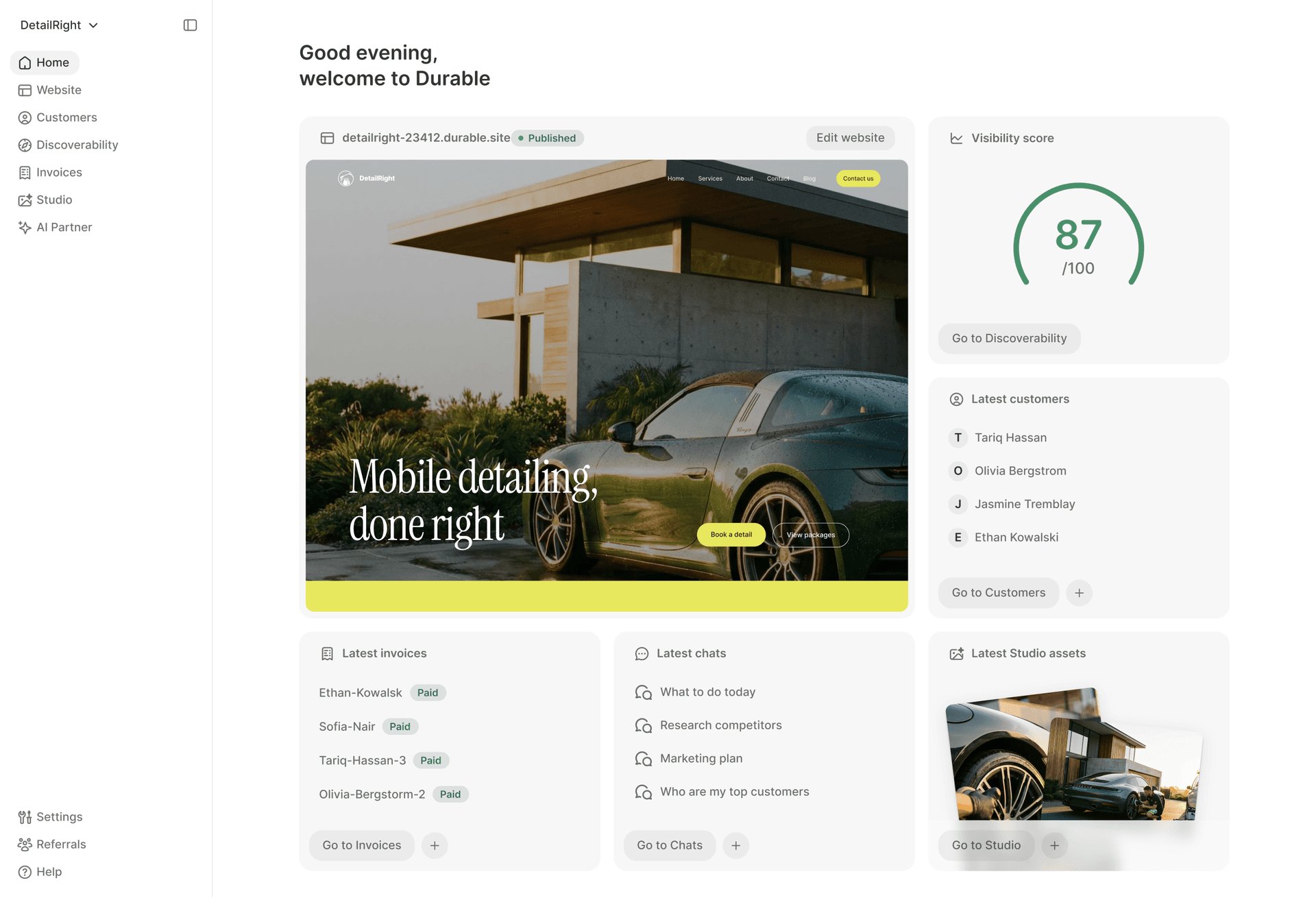 Durable automates business websites, brand and creative assets, customer relationship management, and more.