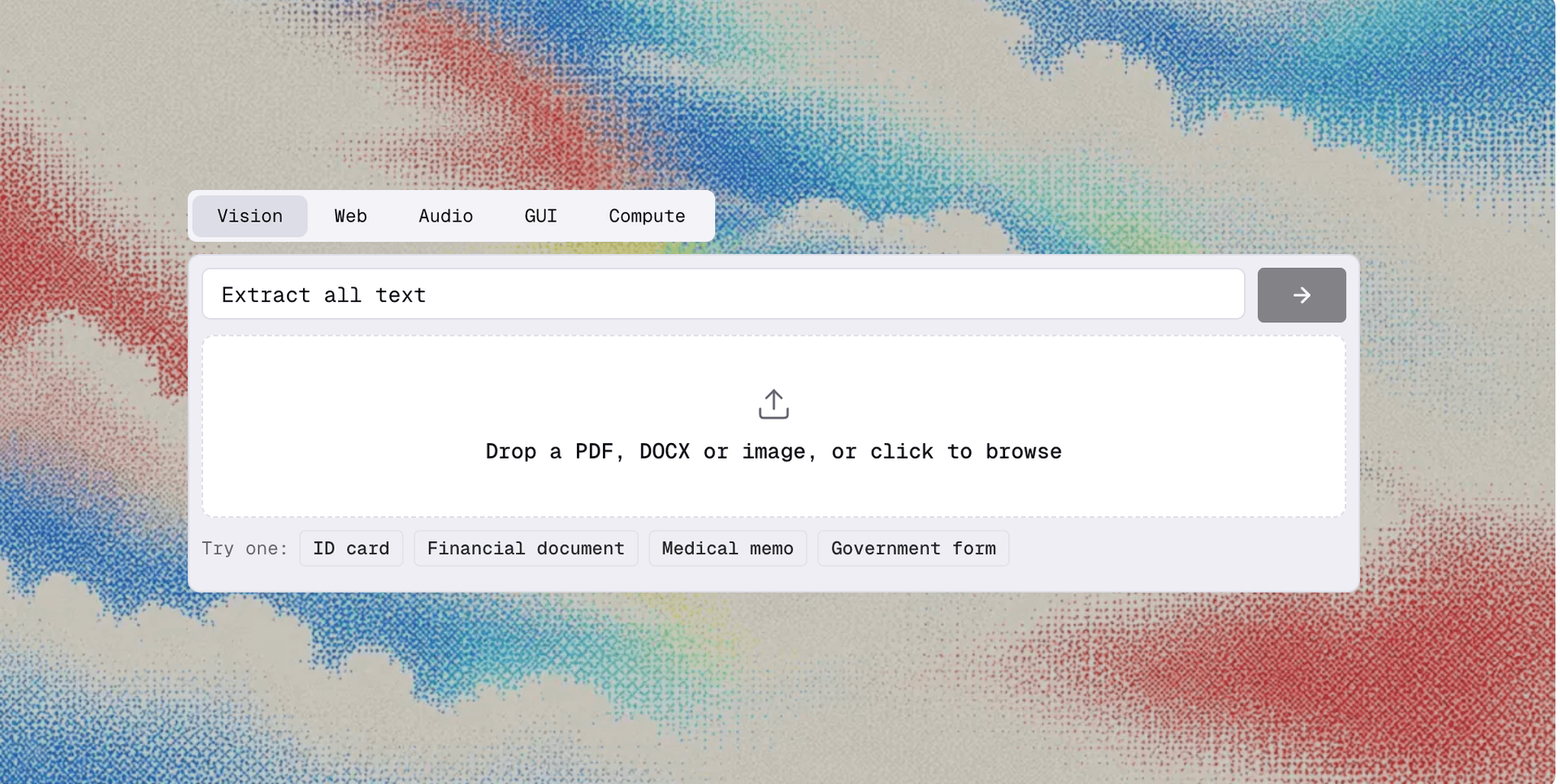 Interfaze playground with Vision, Web, Audio, GUI, and Compute tabs, a prompt reading "Extract all text," and a drop zone for PDF, DOCX, or image files.