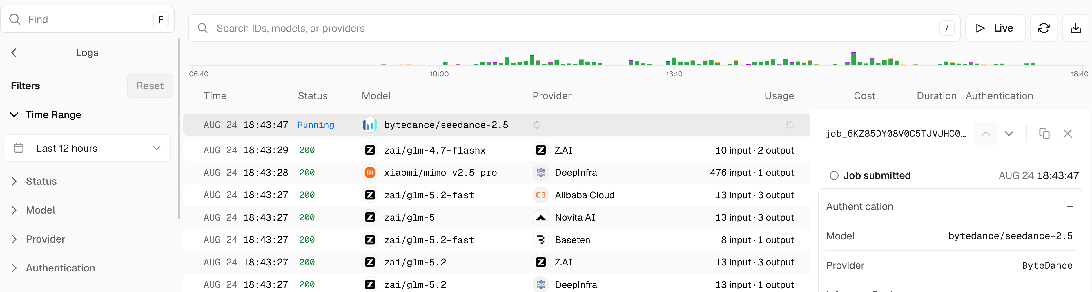 Asynchronous pending requests show up as 'Running' at the top of the AI Gateway logs page