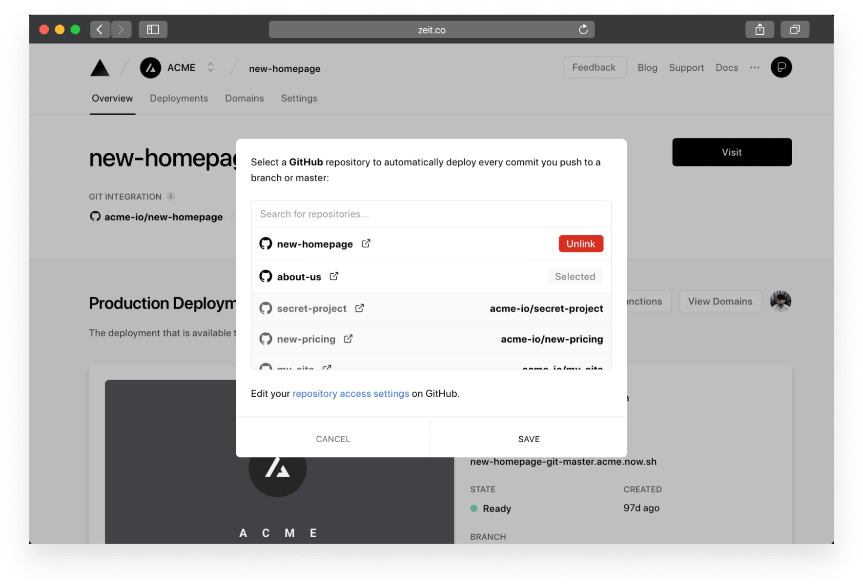 Select a repository from the project page to automatically deploy on every commit.
