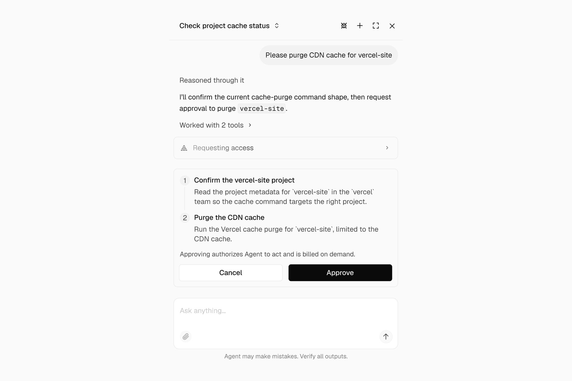Before it can purge the cache, Vercel Agent proposes a plan and requests access scoped to just that plan, then waits for approval.