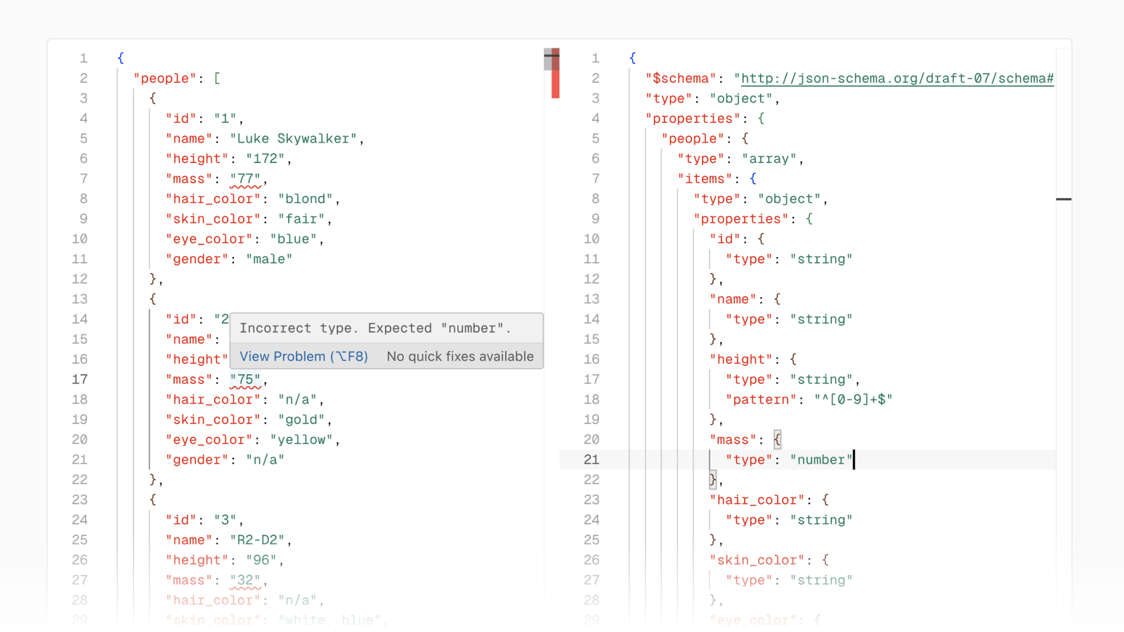 An Edge Config with a JSON schema attached, and the editor displaying a validation error.