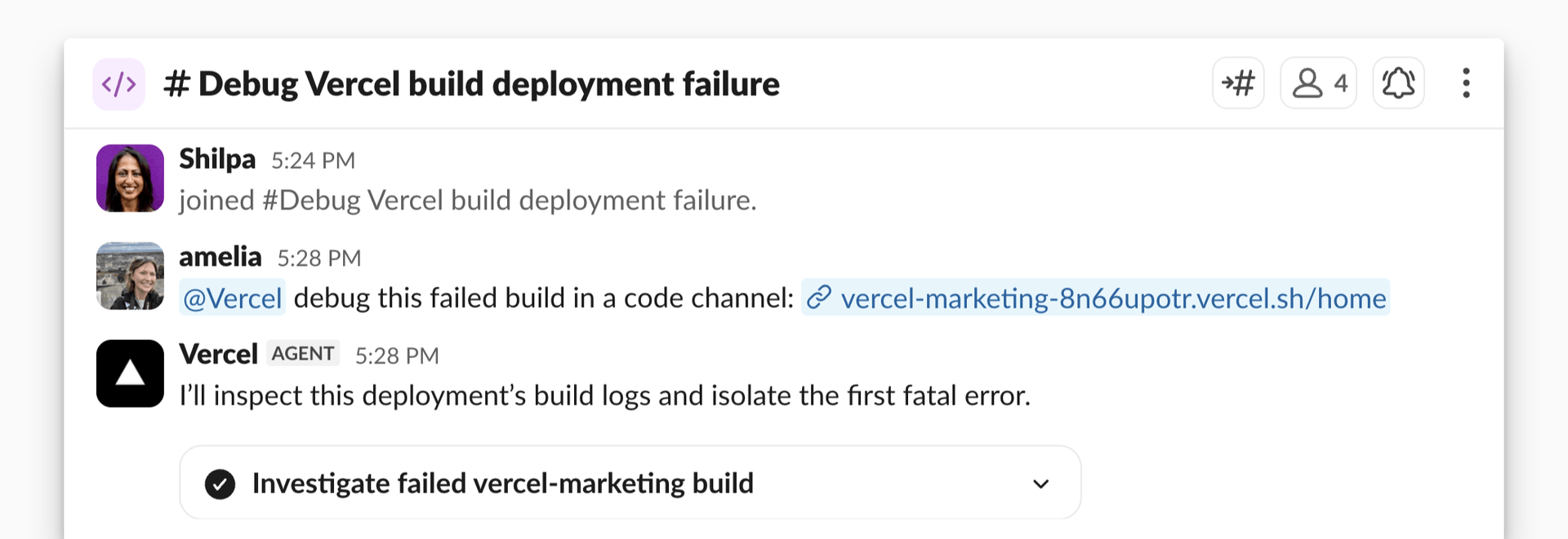 Vercel Agent creates a Slack code channel to debug a failed build.