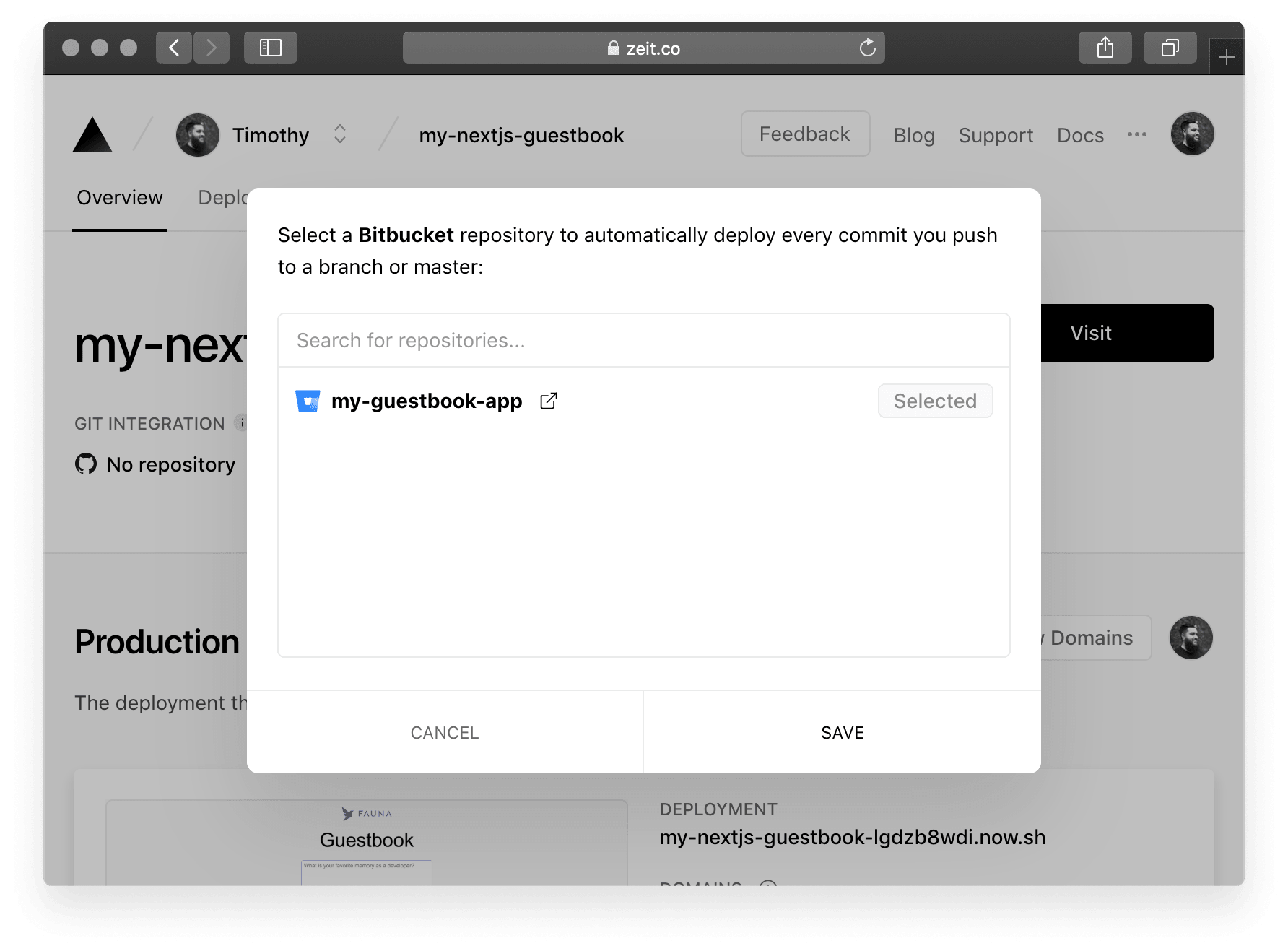 Once linked, pushes made to the Bitbucket project will be automatically deployed with ZEIT Now.