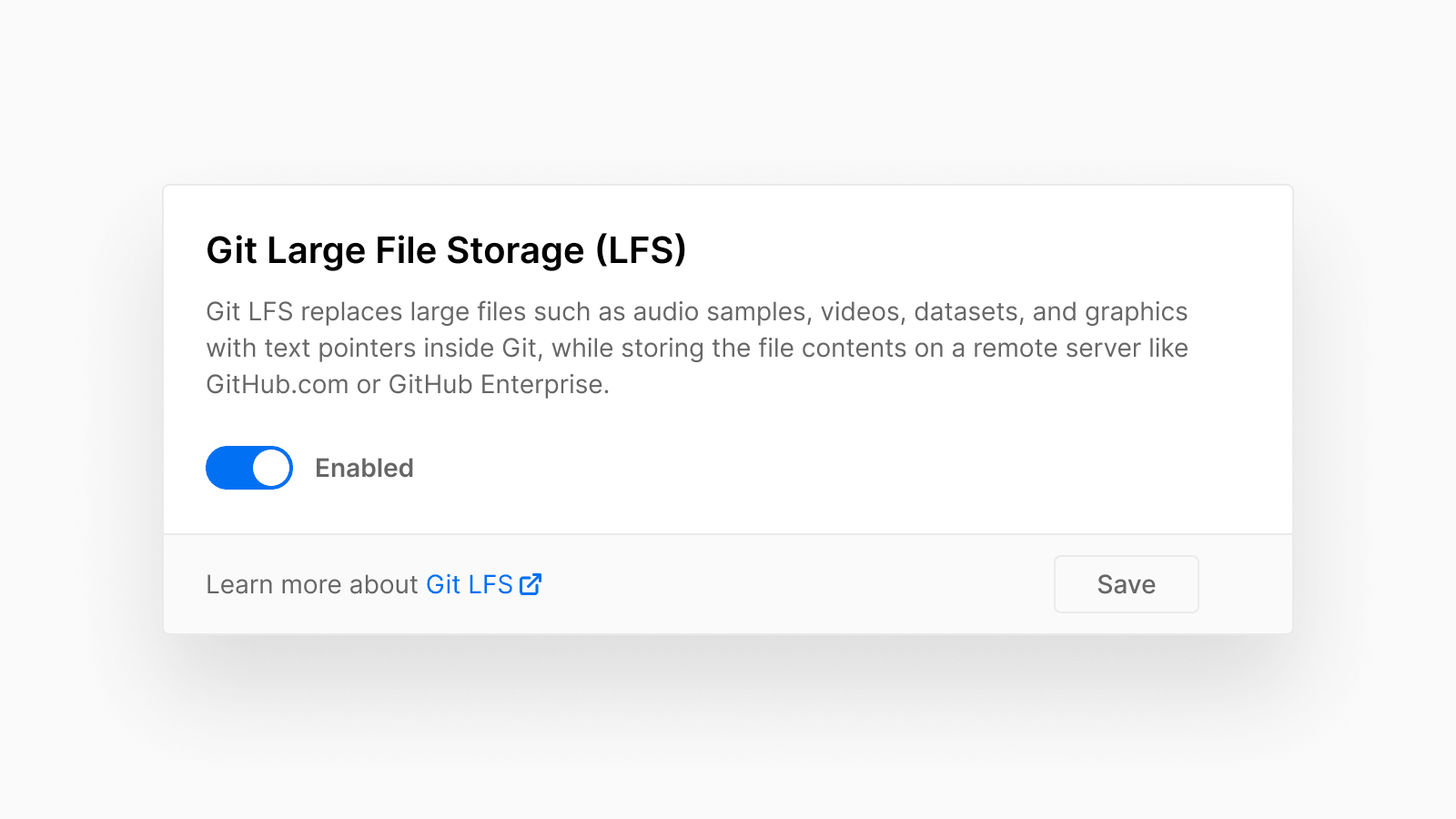 Git LFS replaces large files such as audio samples, videos, datasets, and graphics with text pointers inside Git, while storing the file contents on a remote server like GitHub.com or GitHub Enterprise.
