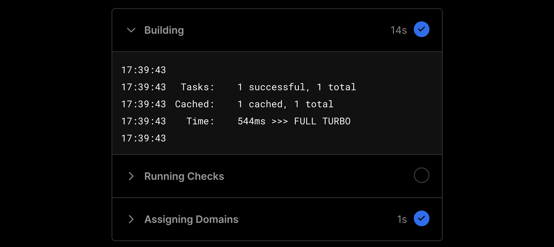 Turborepo restoring your project from the Vercel Remote Cache.