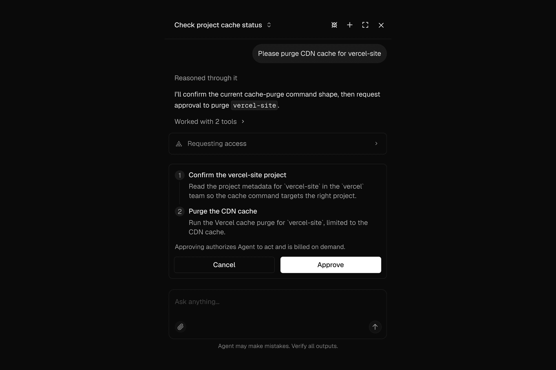 Before it can purge the cache, Vercel Agent proposes a plan and requests access scoped to just that plan, then waits for approval.