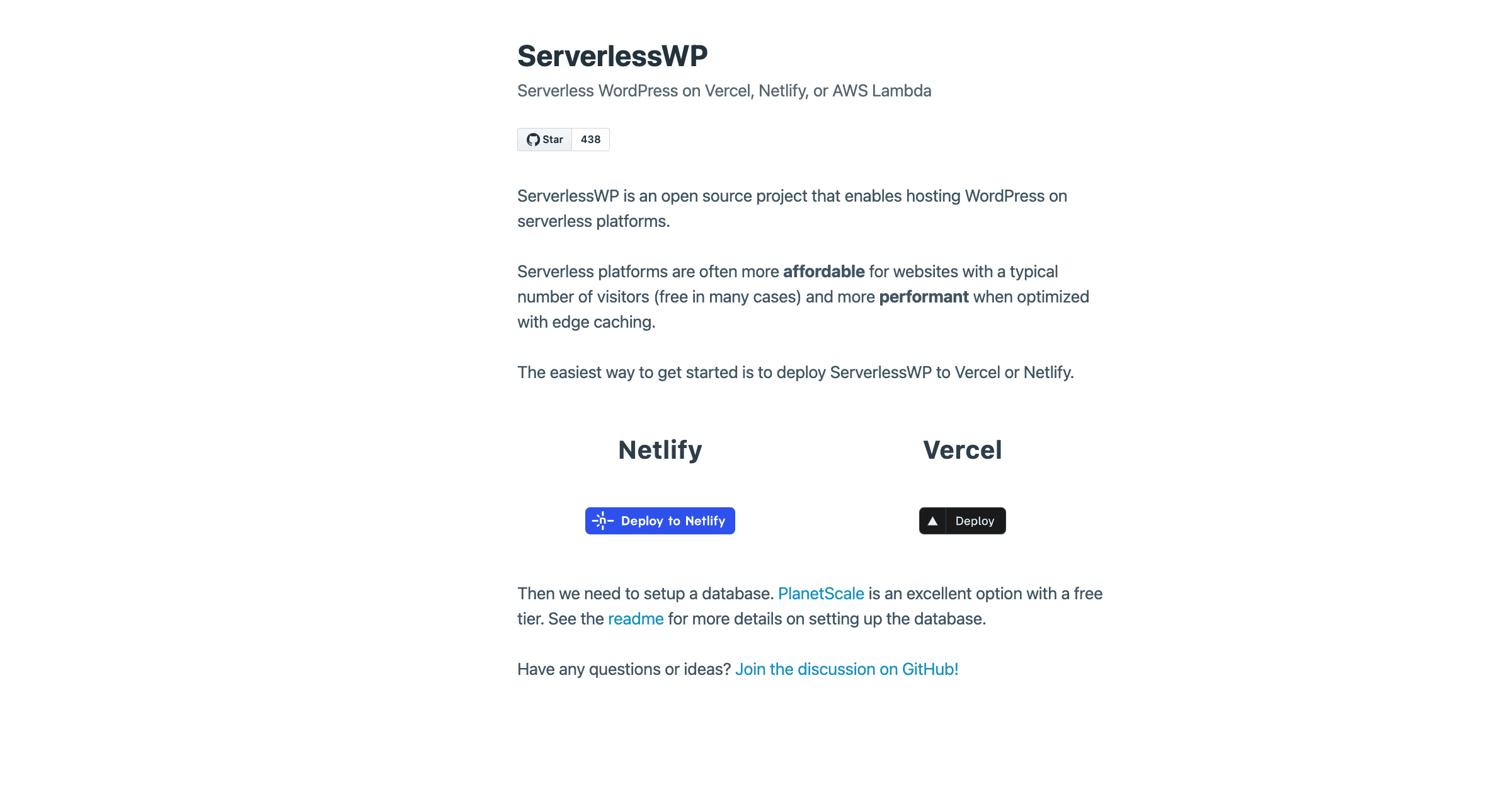 No thumbnail was provided for the template. This is a screenshot of the landing page, serverlesswp.com.