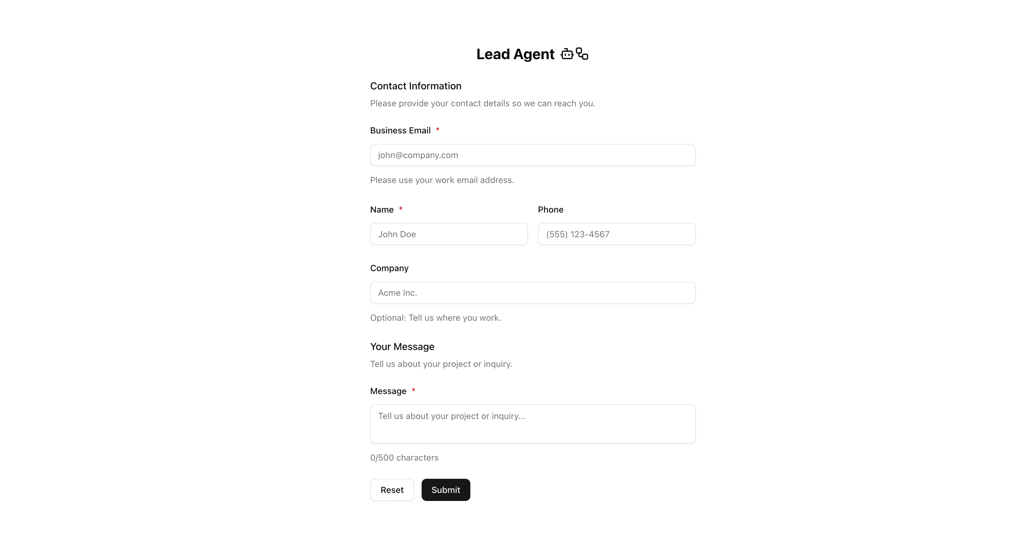 Lead Agent demo screenshot showing the example contact sales submission form.